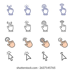 Pointer cursor сomputer mouse icon. Clicking cursor, pointing hand clicks icons. Click cursor. Vector Illustration.