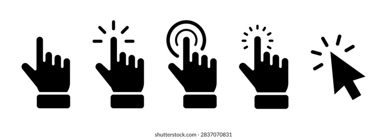 Pointer cursor сomputer mouse icon. Clicking cursor, pointing hand clicks icons. Click cursor. Vector Illustration.