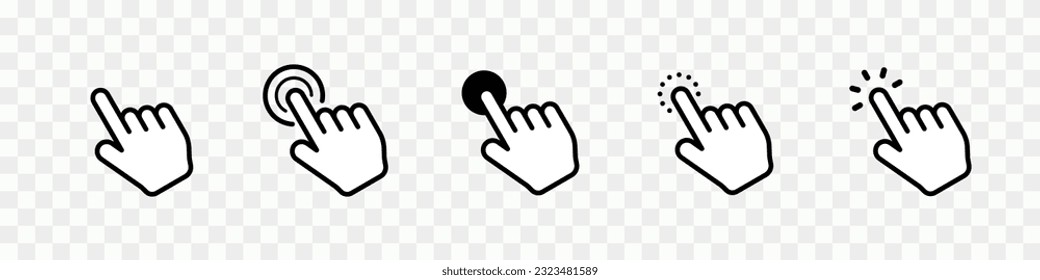 Pointer cursor сomputer mouse icon set. Clicking cursor, pointing hand clicks icons. Mouse click cursor symbols. Hand click mouse sign. Vector illustration.