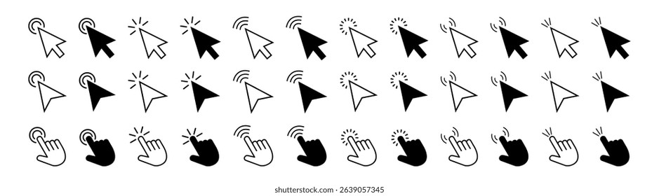 Pointer cursor сomputer mouse icon.Cursors icons click set. Clicking cursor, pointing hand clicks icons.
