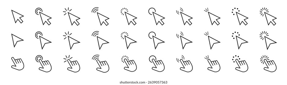 Pointer cursor сomputer mouse icon.Cursors icons click set. Clicking cursor, pointing hand clicks icons.