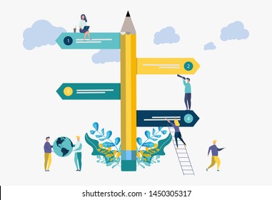Pointer direction of movement in pencil in different directions of movement, destinations, the choice of directions, a trip to different places.Direction of movement in business.Colorful illustration