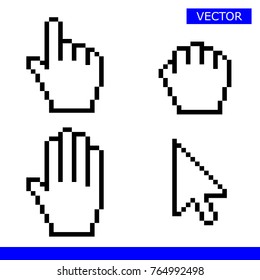 Pointer, drag hand, palm hand and arrow cursors pixel set