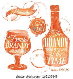 Pointer drawn pour brandy with lettering, splashes and blots prints bottle, glass, stamp.