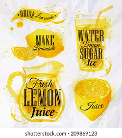 Pointer drawn pour lemonade lettering drink, make, fresh juice, water sugar ice, with splashes and blots.