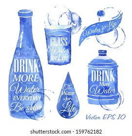 Pointer drawn pour water with lettering, splashes and blots prints bottle, glass, drop.