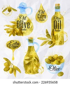 Pointer drawn pour with watercolor branches of olive oil bottles with lettering extra virgin, italia with splashes and bolts in village style on a white background