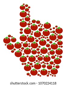 Pointer Finger collage of tomato in different sizes. Vector tomato objects are united into pointer finger shape. Nutrition vector illustration.