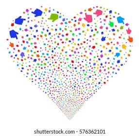 Pointer Finger fireworks with heart shape. Vector illustration style is flat bright multicolored iconic symbols on a white background. Object stream made from scattered symbols.