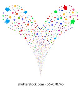 Pointer Finger fireworks stream. Vector illustration style is flat bright multicolored iconic symbols on a white background. Object double fountain created from random pictographs.