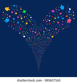 Pointer Finger fireworks stream. Vector illustration style is flat bright multicolored iconic symbols on a blue background. Object double fountain done from random design elements.