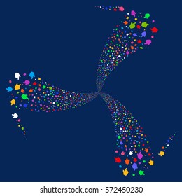 Pointer Finger fireworks swirl rotation. Vector illustration style is flat bright multicolored iconic symbols on a blue background. Object twirl made from random symbols.