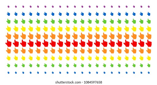 Pointer Finger icon spectrum halftone pattern. Vector symbols arranged into halftone grid with vertical rainbow colors gradient. Designed for backgrounds, covers, templates and abstract compositions.