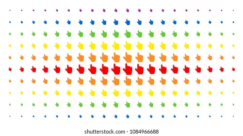 Pointer finger icon spectrum halftone pattern. Vector pointer finger objects are arranged into halftone grid with vertical spectrum gradient. Designed for backgrounds, covers,
