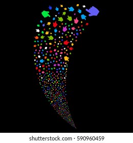Pointer Finger random fireworks stream. Vector illustration style is flat bright multicolored iconic symbols on a black background. Object fountain done from scattered design elements.