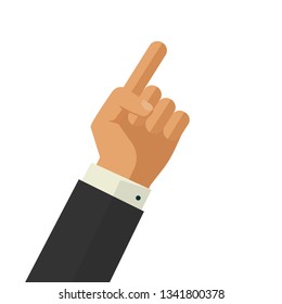 Pointer finger vector illustration, flat cartoon thumb point business man hand gesture isolated on white background