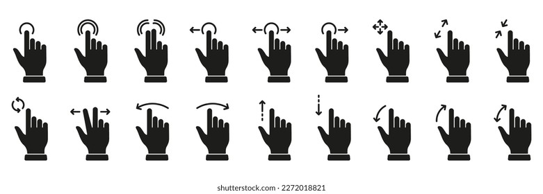 Pointer Gesture Slide Left and Right Black Solid Pictogram. Hand Finger Touch, Swipe and Drag Silhouette Icon Set. Pinch Screen, Rotate Up Down on Screen Glyph Icons. Isolated Vector Illustration.