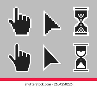 Pointer hand, arrow and hourglass loading clock mouse cursors icon sign graphic element flat style design vector illustration set. Simplistic pictogram indicator sign, endless time process idea.