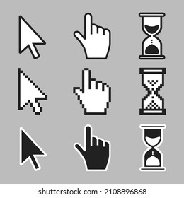 Zeiger Hand, Pfeil und stündliche Gläser laden Uhr Maus cursors Symbol Zeichen Grafik Element flach Design Vektorgrafik Set. Einfaches Piktogramm-Anzeiger-Zeichen, endlose Zeit-Prozess-Idee.