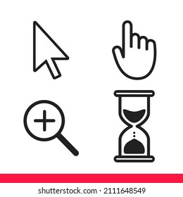 Pointer hand, arrow, hourglass loading clock mouse, magnifier cursors icon sign graphic element flat style design vector illustration set. Simplistic pictogram indicator, endless time process idea.