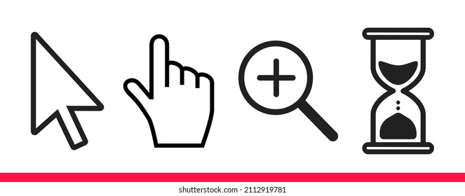 Pointer hand, arrow, hourglass loading clock mouse, magnifier cursors icon sign graphic element flat style design vector illustration set. Simplistic pictogram indicator, endless time process idea.