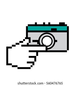 Pointer Hand and Retro Camera Pixel art Icon Emblem Logo