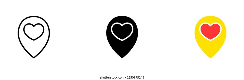 Pointer with heart set icon. Location, rain of hearts, sympathy, gift, like, pointer, recognition. Care concept. Vector icon in line, black and colorful style on white background