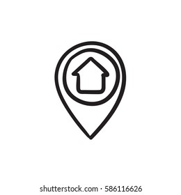Ponteiro com casa dentro do ícone de esboço vetorial isolado no plano de fundo. Ponteiro desenhado à mão com ícone de casa dentro. Ponteiro com casa dentro ícone de esboço para infográfico, site ou aplicativo.