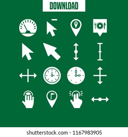 pointer icon. 16 pointer vector set. speedometer, marker flags, restaurant pin map and cursor icons for web and design about pointer theme