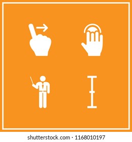 pointer icon. 4 pointer vector set. cursor, swipe to right, teacher with stick and tap button icons for web and design about pointer theme