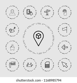 Pointer icon. collection of 13 pointer outline icons such as finger on display, distance, location, teacher, locations, flag, back. editable pointer icons for web and mobile.