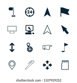 Pointer icon. collection of 16 pointer filled and outline icons such as move, pin on globe, gold flag, arrow, 24 hour, pointing. editable pointer icons for web and mobile.
