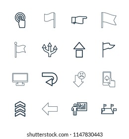 Pointer icon. collection of 16 pointer outline icons such as pointing, back arrow, flag, arrow up, locations, touchscreen, teacher. editable pointer icons for web and mobile.