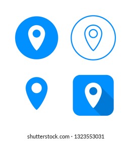 Pointer icon, four variants, classic symbol, icon in circle, outlined symbol in circle, and flat icon with long shadow, vector illustration, blue color