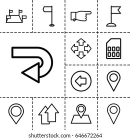 Pointer icon. set of 13 outline pointer icons such as arrow left, pointing, flag, location pin, map location, arrow up, memory card, back arrow, move, location