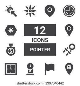 pointer icon set. Collection of 12 filled pointer icons included Placeholder, Flag, Clock, Hand grip, Time, Navigation, Day, Cursor, Location