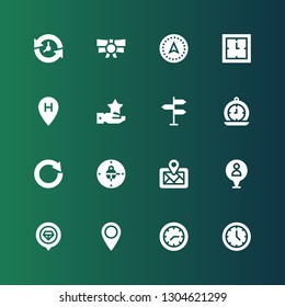 pointer icon set. Collection of 16 filled pointer icons included Wall clock, Clock, Placeholder, Pin, Digital map, Circular arrow, Directional sign, Hand, Location, Navigation