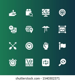 pointer icon set. Collection of 16 filled pointer icons included Reload, Repeat, Maps, Alarm clock, Flag, Hand, Clocks, Arrows, Resize, Route, Pin, Time, Placeholder, Gps, Localize