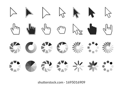 Pointer icons. hand cursor click, wait loading sign. Computer and website interface elements. Line and pixel cursors, black arrows and hands vector set
