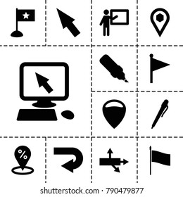 Pointer icons. set of 13 editable filled pointer icons such as back arrow, sale location, teacher, arrow, pen, location