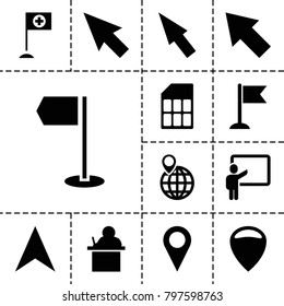 Pointer icons. set of 13 editable filled pointer icons such as pointer, teacher, location, flag, navigation arrow, memory card
