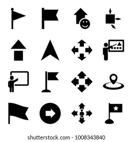 Pointer icons. set of 16 editable filled pointer icons such as arrow right, move, arrow up, flag, teacher, man move