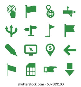 Pointer icons set. set of 16 pointer filled icons such as pointing, pin on globe, touchscreen, gold flag, direction, memory card, flag, display pointer, dollar location, arrow