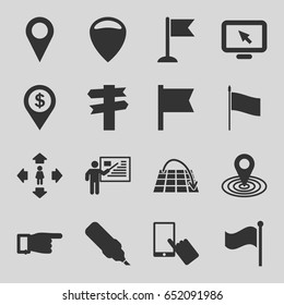 Pointer icons set. set of 16 pointer filled icons such as finger on display, pointing, man move, map location, flag, teacher, display pointer, move on map, dollar location