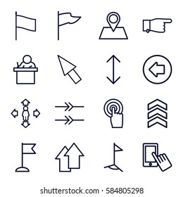 pointer icons set. Set of 16 pointer outline icons such as arrow left, finger on display, pointing, man move, flag, location pin, touchscreen, arrow up, arrow, pointer