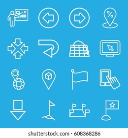 Pointer icons set. set of 16 pointer outline icons such as arrow left, arrow right, finger on display, pin on globe, location, teacher, flag, move, sale location, locations