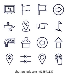 Pointer icons set. set of 16 pointer outline icons such as arrow left, arrow right, pointing, location, touchscreen, teacher, flag, sale location