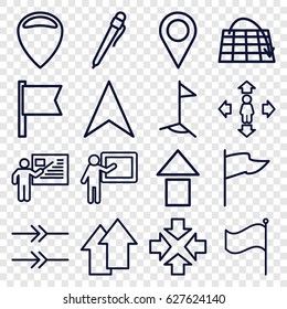 Pointer icons set. set of 16 pointer outline icons such as man move, navigation arrow, flag, teacher, arrow up, location pin, arrow, move, pen, location