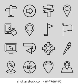 Pointer icons set. set of 16 pointer outline icons such as arrow right, finger on display, location pin, map location, direction, 24 hour, gold flag, back arrow, move, pen