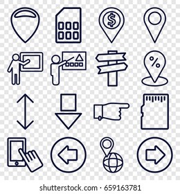 Pointer icons set. set of 16 pointer outline icons such as arrow left, arrow right, finger on display, pointing, pin on globe, memory card, sale location, teacher